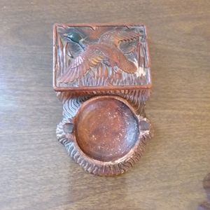 Vintage Syroco brown wood duck ashtray catch all tinket box